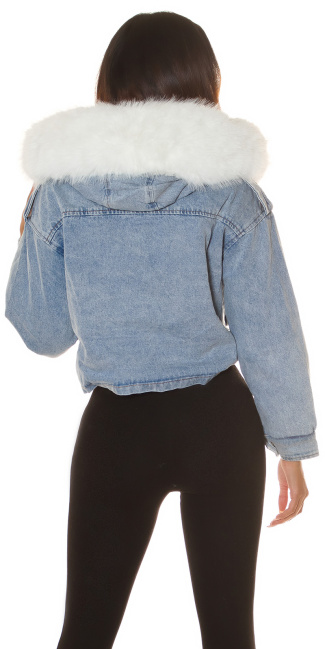 Crop denim jacket with faux-fur Blue